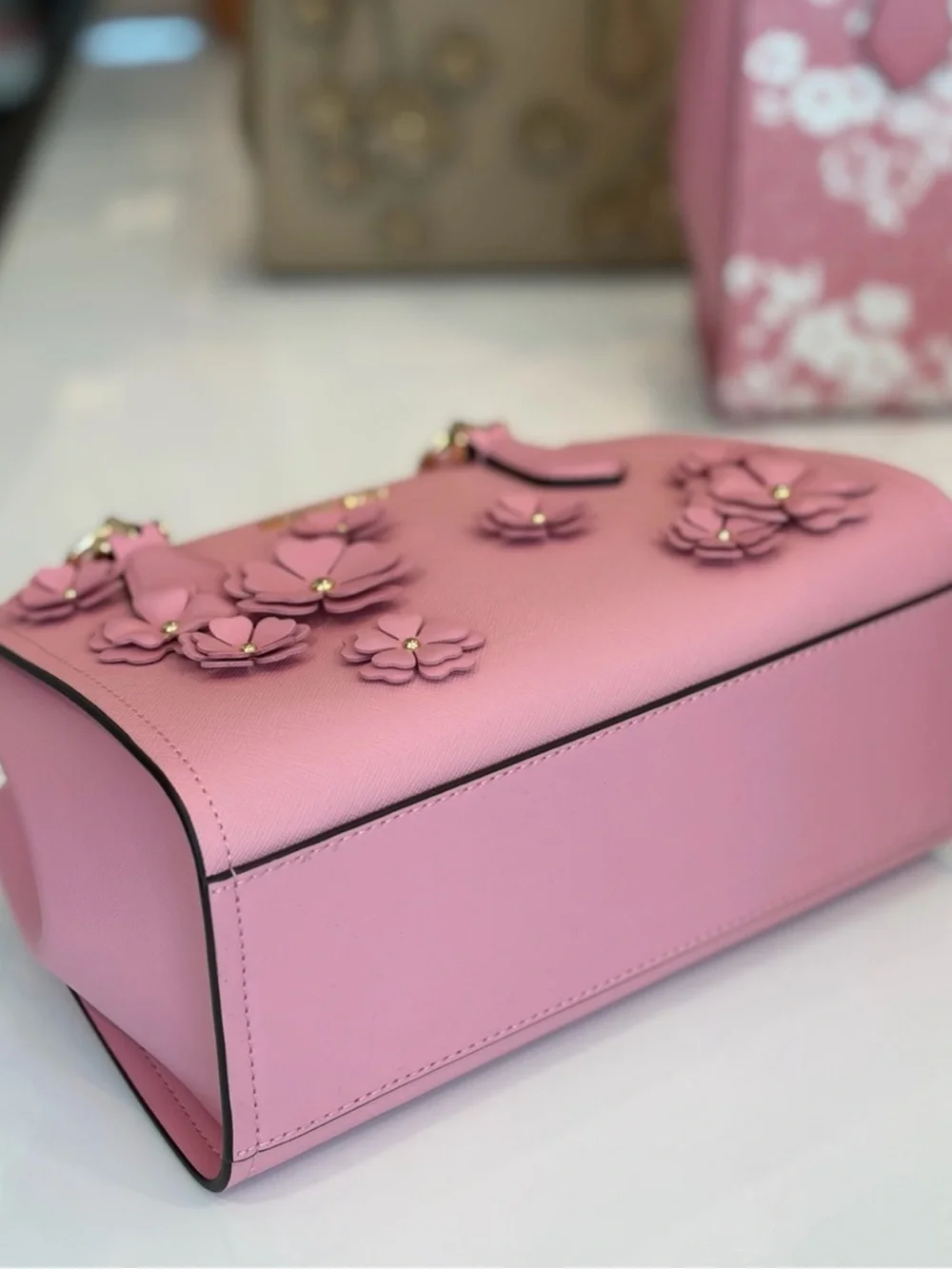Michael Kors Pink Floral Applique Satchel with Gold Hardware